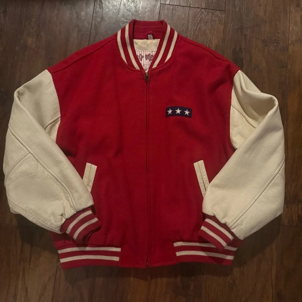 VTG 80s Red Varsity Jacket  EAST WEST by Panda Group Wool Blend LeatherSz Medium - Picture 2 of 6